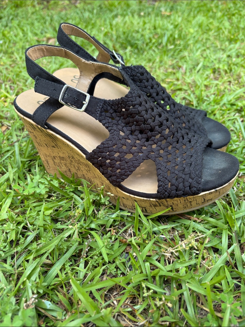 SO Black Woven Cork Wedge Sandals